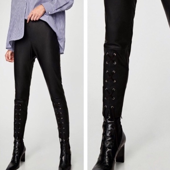 Zara Pants - Zara Vegan Black Faux Leather Lace Up Leggings S